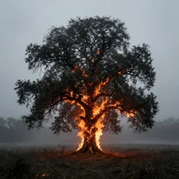 an oak tree in an open field aflame, hellfire, still, fog in background, dantes inferno, black metal album cover, evil, horror dread