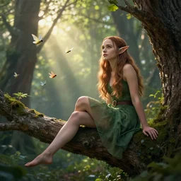 an elf girl (Natalie Portman) sitting on a tree branch in a fantasy forest with fairies flying nearby, sun rays through trees, 4k, hyper realistic, artstation