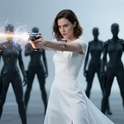 woman in white dress shooting energy weapon at mimics from edge of tomorrow