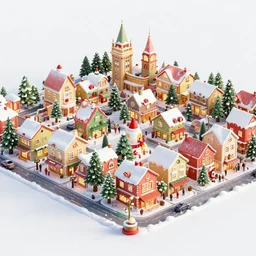 orthographic view of a christmas themed town, happy, cute, bright colours, high detail, 8 k,