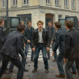 ernst ludwig painting of a frightened young man in a street surrounded by people who have no eyes. people are starting at crt televisions on the corner s 1 5 0