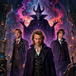 a young mix of willem dafoe, christopher walken, michael emerson, evil wizard, intricate colorful cosmic smoke magic, victorian steampunk city vista, hyperrealism, octane render, extremely detailed, style of studio ghibli, artgerm, ralph mcquarrie