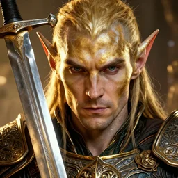 elf face with armor in golden and silver colors and a curve long sword, detailed face, epic masterpiece of cinematographic hyperrealism, realistic shaded lighting poster by craig mallismo, artgerm, jeremy lipkin and michael garmash, unreal engine, radiant light, detailed and intricate environment, digital art, art station trends