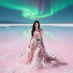 lee jin - eun in luxurious flowery dress emerging from pink and turquoise water in salar de uyuni with the ground reflecting the aurora borealis by takato yamamoto, james jean, conrad roset, ruan jia, martine johanna, rule of thirds, elegant look, beautiful, chic, face anatomy, cute complexion