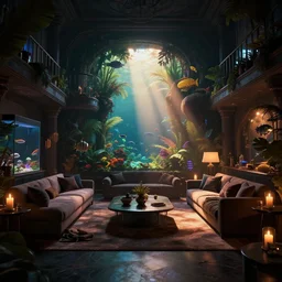 videogame screenshot of a very dark dreamy luxury flooded tropical fish aquarium maximalist living room, candlelight, sunset glow, dark shadows, god rays, chiaroscuro, backlit, octane render, volumetric lighting, raytracing, symmetrical wide shot low angle