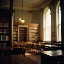 a 3 5 mm photo of the interior of a gorgeous elegant library on a college campus in the 1 9 5 0 s, bokeh, canon 5 0 mm, cinematic lighting, dramatic, film, photography, golden hour, depth of field, award - winning, 3 5 mm film grain, retro, film, kodachrome