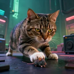 a huge cat pet catches a mouse by ryden in cyberpunk environment, 4 k ultra high resolution, long camera shot