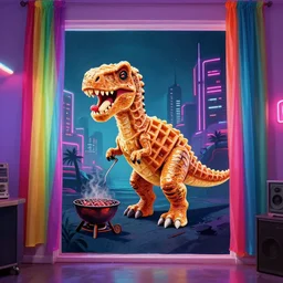 a silkscreen print of a dinosaur made of waffles, barbecuing chewing gum, in a room with neon rainbow color drapes. outside the window a noir future