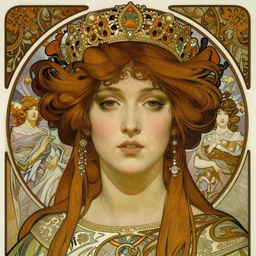 realistic detailed face portrait of Mata Hari as a Byzantine Queen by Alphonse Mucha, Ayami Kojima, Yoshitaka Amano, Charlie Bowater, Karol Bak, Greg Hildebrandt, Jean Delville, and Mark Brooks, Art Nouveau, Pre-Raphaelite, Neo-Gothic, gothic, Art Nouveau, intricate fine details, exquisite, rich deep moody colors, beautiful detailed background