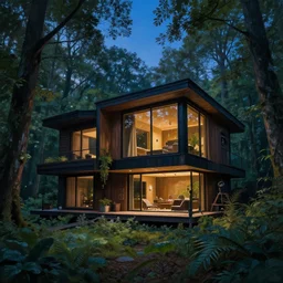 hyper realistic witchy modern house with mood lighting and tech in the woods gorgeous lighting, blue sky, highly detailed, lush forest foliage painting by zdzisław beksinski and norman rockwell and greg rutkowski weta studio, and lucasfilm