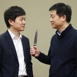 photo of linus torvald holding a knife against jensen huang