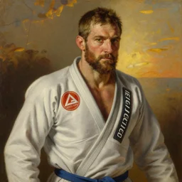 royler gracie by rembrandt, intricate, ultra detailed painting, atmospheric lighting, golden hour