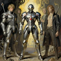 cyber japan style armor, in the style of moebius, dan hillier, frank frazetta, art by jean delville and rene magritte