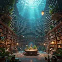 Matte painting of the interior view of an enormous library under an underwater do.e. Floating lanterns, potted plants. Dynamic centralized perspective. Fantastical, detailed digital art trending in ArtStation