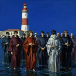 worshippers in robes belonging to the cult of the lighthouse standing in the water, a lighthouse, high detailed beksinski painting, part by adrian ghenie and gerhard richter. art by takato yamamoto. masterpiece, deep colours, blue