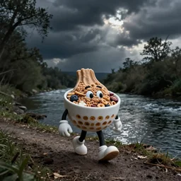 hyperreal cereal mascot wandering sadly along a river, by sally mann, moody lighting, high resolution photograph