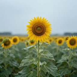 a sad! sunflower on a rainy! day, standing in a wide field!, in a symbolic and meaningful style, trending on artstation, rj palmer.