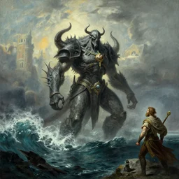 dark souls deepness water boss, by paul gustave dore and ivan aivazovsky, in color, character concept design