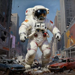 american white spacesuit chubby astronaut in giant postapocalyptic abandoned destroyed times square, wrecked buildings, destroyed flipped wrecked cars, in the style of painting by frazetta