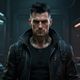 Cyberpunk Benny the Bouncer, Tattoo on the neck, 4K symmetrical portrait, character concept art, hyper quality, future Doctrine, secret organization, 4k post-processing, moody lighting, rendered by octane engine
