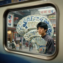 fuji gfx, 2 0 0 mm ; beautiful hyperrealistic dithered film still from nepal movie of wired devanagari brain map scene in style of 1 9 9 0 s frontiers in miniature porcelain retrofuturism deep emboss macro design architectural art studio photography magazine devanagari banner still life seinen manga extreme closeup portrait edition, real - life shinkansen window view porcelain izakaya sign, highly detailed, tilt shift zaha hadid scene in background