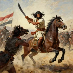 portrait, single bangla farmer fighting, hand to hand combat with machete, full body view, long flowing hair, deathmatch, glowing eyes, horseback combat attacker foreground, islamic revolution, mongolian invasion of iraq, invading army background, classicism artstyle, sharp brushstrokes