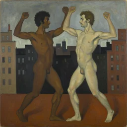 a painting of two multiracial gods dancing against an city background in contrasting colors, by francis bacon, george luks and victor brauner, muted color scheme, vague detail