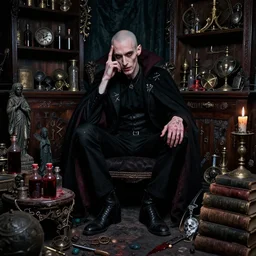 night portrait f / 1. 4 of a neurotic forty two year old british man thin vampire features feeling confidant in a cluttered dark room full of ancient dusty artifacts tables vials of blood dark statues runes ( bald ) shelves magical instruments drapery arcane tools jewels graffiti candlesticks ritual bloody knife books atmospheric hdr vivid color