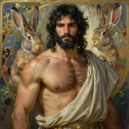 painted portrait of rugged hares greek god, black hair masculine mature mountain vegetation handsome powerful upper body hairy burly robe fantasy intricate elegant extremely detailed digital painting trending artstation concept art sharp focus illustration art by alphonse mucha greg rutkowski craig mullins