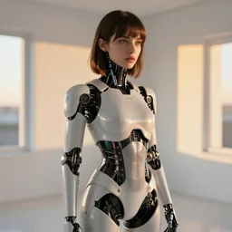 photo portrait of young adult thalia as a cyborg, hdr, sunset lit in a white room