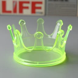 realistic product photo, clear transparent crown made of neon green plastic, emitting aura, 1 9 6 0, life magazine photo, natural colors, metropolitan museum, kodak, 8 k, very detailed, high resolution, product photo,