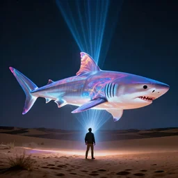 a holographic projection of a huge colorful lucid shark made of light beams appears in the desert at night, a man is stunned, by beeple, highly - detailed, fantasy