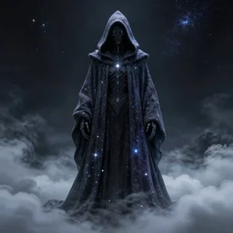 a full body portrait of a mysterious cybernetic wizard with a very long hooded cloak made of stars and clouds, by maciej kuciara and jason chan, ominous, cosmic horror, trending on artstation, ultra detailed, hyper realistic 4 k, volumetric light