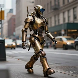 a steampunk robot walking up a street in New York city.