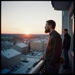 lomographic photo of 4 0 years russian man with beard and sweater standing on small hrushevka 9 th floor balcony in taigaд looking at sunset, perfect faces, cinestill, bokeh