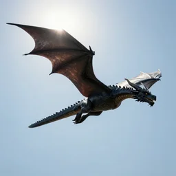 a black dragon flying through sky, the sun shining from above, upwards perspective