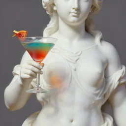 close - up of white reneissance statue holding a coctail, colorful coctail, digital painting, 3 d render, above the waist