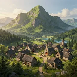 medieval village built at the foot of humongous green mountains with forest and lake, fireplace, crowded paths, sunrise, hyperdetailed, artstation, cgsociety, 8 k