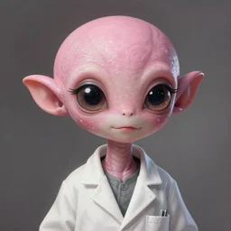 beautiful pink little alien girl with big eyes wearing a lab coat, diffuse lighting, fantasy, intricate, elegant, highly detailed, lifelike, photorealistic, digital painting, artstation, illustration, concept art, smooth, sharp focus, art by frank frazetta and marco bucci and loish and rossdraws and artgerm and alphonse mucha