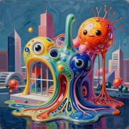 an extremely high quality hd surrealism painting of a 3 d perspective neon complimentary - colors cartoon surrealism melting sculpture gallery cast glass biological anatomical zaha hadid cityscape by a much more skilled version of kandinskypicasso and salvia dali the fourth, salvador dali's much much much much more talented painter cousin, 8 k, ultra realistic, very realistic, nerves, veins, neurons, 4 k