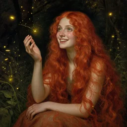 infp young woman, smiling, amazed by golden fireflies lights, sitting in the midst of nature fully covered, long loose red hair, intricate linework, green eyes, small nose with freckles, oval shape face, realistic, expressive emotions, dramatic lights, spiritual scene, hyper realistic ultrafine art by artemisia gentileschi and albert bierstadt and artgerm