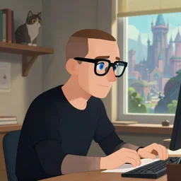 clean shaven brown haired man with thick black glasses, blue eyes, medium close up portrait, sitting at desk, cat on shelf, studying, fantasy city outside window, adjacent window, greg rutkowski, lofi, profile view