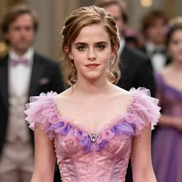 emma watson at the yule ball wearing revealing elegant pink and purple dress with flounces. beautiful detailed face. by artgerm and greg rutkowski and alphonse mucha