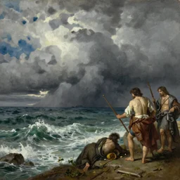 the storm on the sea of galilee, oil - on - canvas painting, close - up, elegant, volumetric lighting, scenery, digital painting, highly detailed, artstation, sharp focus, illustration, concept art, by rembrandt van rijn, 2