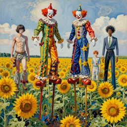 decollage painting clowns on stilts walk through a field of sunflowers by adrian ghenie and takato yamamoto and edward hopper and mark ryden and tsutomu nihei, part by bridget riley, acrylic pour and splashing paint, very coherent, baroque elements, perfect anatomy, intricate design. pop art.