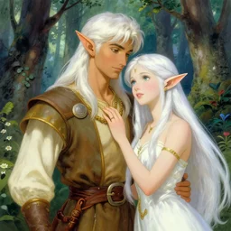 a beautiful illustration of a handsome male elf and a beautiful girl elf both with white hair in the beautiful forest, by thomas kinkade,