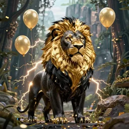 black lion's god looking at you with fur made from gold lightnings surrounded by epic ancient huge forest and mountains in the background a lot of birthday confetti and ballons and colrful ribbons, colossal scale, cinematic shot, vibrant colors, photorealism, epic, octane render by evgeniy antonenkov and james jean