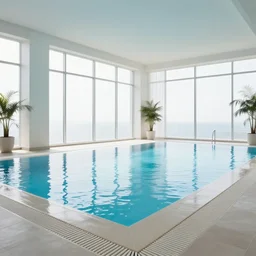 photo of indoor infinite pool room no windows, bright, 8 k photorealistic, hd, high details, trending on artstation