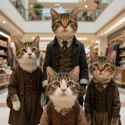 sharp, highly detailed, film from a 2 0 1 9 sci fi 8 k movie, a family of four anthropomorphic cats from an alternate 1 8 6 0 travel in time to our 2 0 1 9, suddenly appearing in a shopping mall, looking confused, family wearing 1 8 6 0 s clothes, atmospheric lighting, in focus, reflective eyes, 3 5 mm macro lens, live action, nice composition