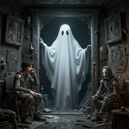 ghost inside a hunted room, art by lois van baarle and loish and ross tran and rossdraws and sam yang and samdoesarts and artgerm, digital art, highly detailed, intricate, sharp focus, Trending on Artstation HQ, deviantart, unreal engine 5, 4K UHD image